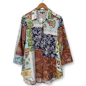 Boho Chic NWT Sz. M Multi Color Patchwork 3/4 Sleeve Button Up Blouse